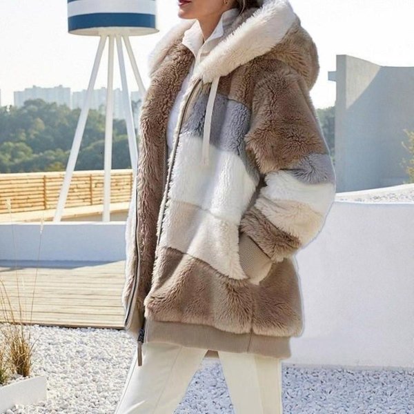 Europa Estados Unidos 2024 OtoñO Invierno CáLido Felpa Cremallera Bolsillo Capucha Chaqueta Suelta Mujer XL Caqui-image