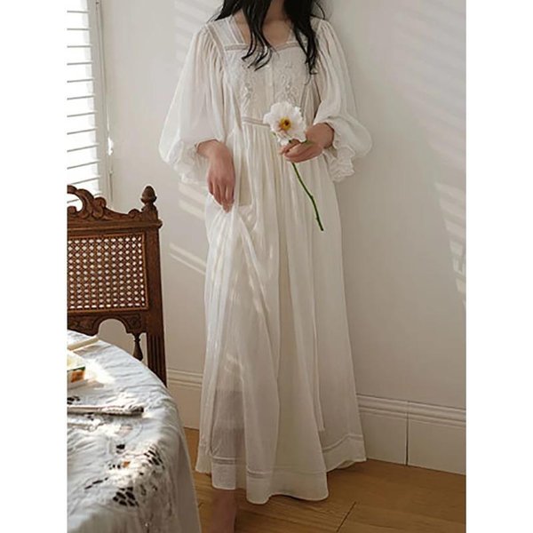 Kobiety Czysta BawełNa Ruffles Vintage Koszule Nocne Szata Koszula Nocna DłUga Sukienka WiktoriańSka Romantyczna KsiężNiczka Bielizna Nocna Koszula Nocna Homewear M White-image