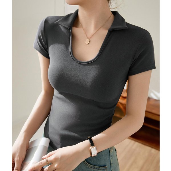 Camiseta De AlgodóN Puro Con Cuello Polo En Forma De U Para Mujer De Manga Corta Verano Nueva EstratéGica Sexy Camiseta BáSica XL Gris-image