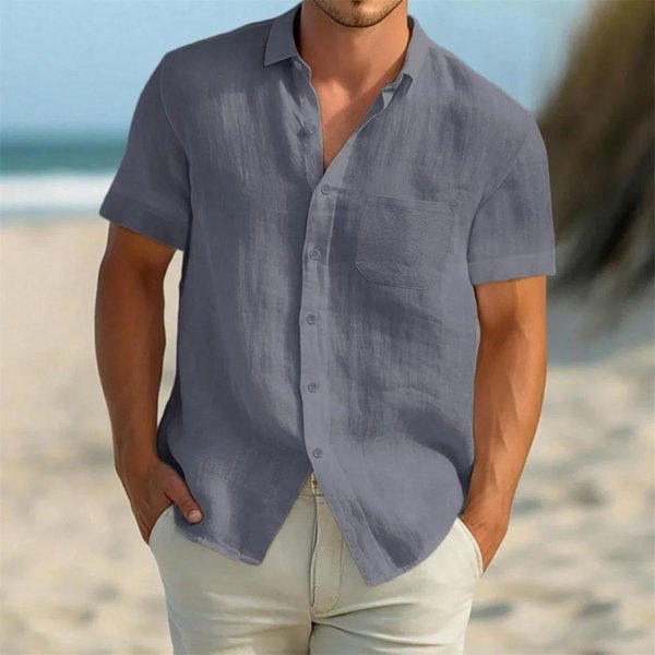 Camisa Ligera De Lino Para Verano De Manga Corta Para Hombre - Transpirable, Botones, Bolsillo En El Pecho, Tops Casuales Para Vacaciones En Colores Lisos S Gris-image
