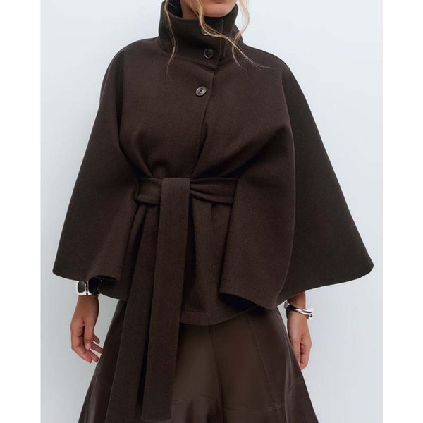Capa De Moda Para Mujer OtoñO Invierno De Color SóLido Con Cuello Alto, CinturóN Abotonado Y Estilo Abrigo XL-image