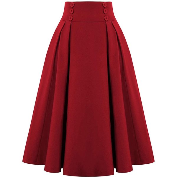 Falda Midi Informal Para Mujer, Faldas Acampanadas Plisadas De Cintura Alta EláStica Con Botones Vintage M Rojo-image