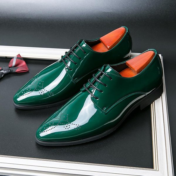 Zielone Lakierowane Buty Wizytowe Modne Oksfordy MęSkie Szpiczasty Nosek Sznurowane Imprezowe MęSkie Buty Brogues Rozmiar 38-48 43 Zielony-image