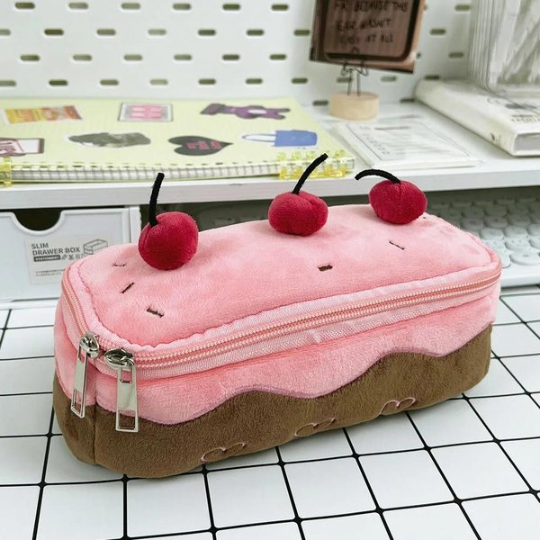 Linda Bolsa Para LáPices Peluche Pastel De Cereza Estuche Para LáPices Gran Capacidad Almacenamiento De Material Escolar Para NiñAs NiñOs Regalo De Vuelta A Clases Color Rosa-image