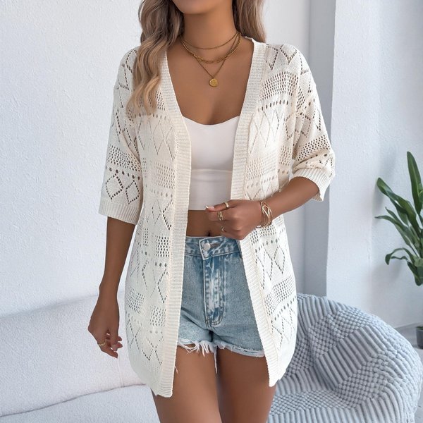 CáRdigan/Top De Punto Calado De Manga Corta De Color Liso Casual Para Mujer Para Vacaciones. M Beige-image