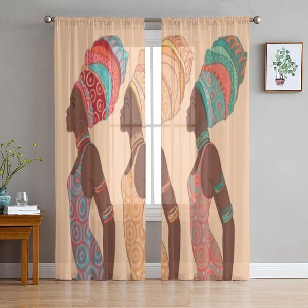 Bonita Mujer Afroamericana Cortinas Transparentes Tradicionales De Gasa Para Ventana De Sala De Estar Dormitorio Velos Tul Cortinas 135W X 114H(Cm) Brown-image