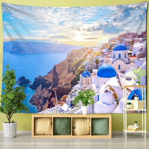 Kolorowy Zamek Budynek Wieś Gobelin śCiana WisząCa Styl Boho Prosty Ins Psychodeliczny Hipis Sypialnia WystróJ Domu 95X70Cm Gray-image