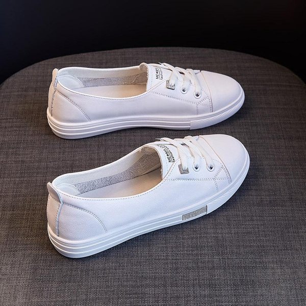 Capa Superior Cuero Vacuno Cuero Lazy Zapatos Blancos PequeñOs Para Mujer OtoñO Y Verano Nuevo Fondo Plano Slip-On Combinable Boca Baja Zapatos Individuales De Mujer 40 Blanco-image