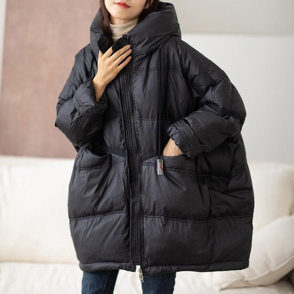 Damska BiałA Kurtka Puchowa Z Kapturem Na Jesień I Zimę, CiepłA, Oversize, Puchowa, Swobodna, LuźNa, Gruba, Parka, Damska Odzież Wierzchnia One Size Czarny-image