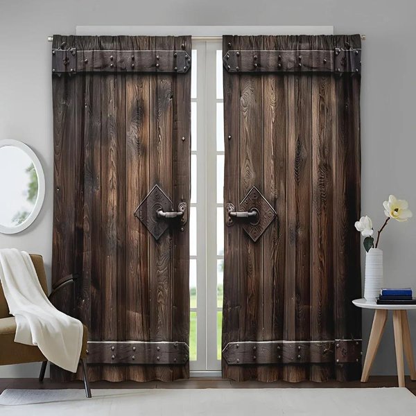 2 Szt. Jasny Kolor Drewniane Drzwi Drukowana ZasłOna Do Dekoracji Domu Kieszeń Na Karnisz ObróBka Okna Do Sypialni, Biura, Kuchni, Salonu W65X60H(Cm)X2Pcs&Grommet Top-image