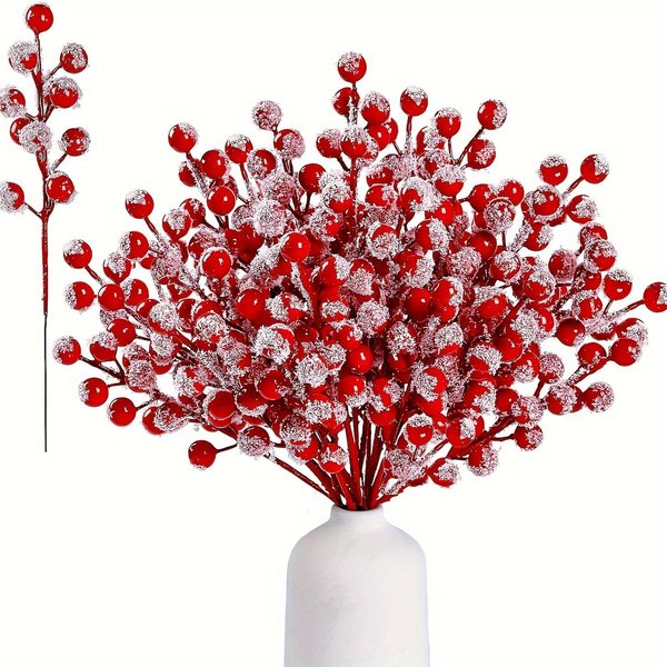 Paquete De 10 Tallos De Bayas Rojas Artificiales Escarchadas Con Nieve, PúAs De Spray Rojas NavideñAs Nevadas Ramas De Bayas De Acebo, Adecuadas Para DecoracióN De ÁRbol De Navidad Vacaciones Rojo-image