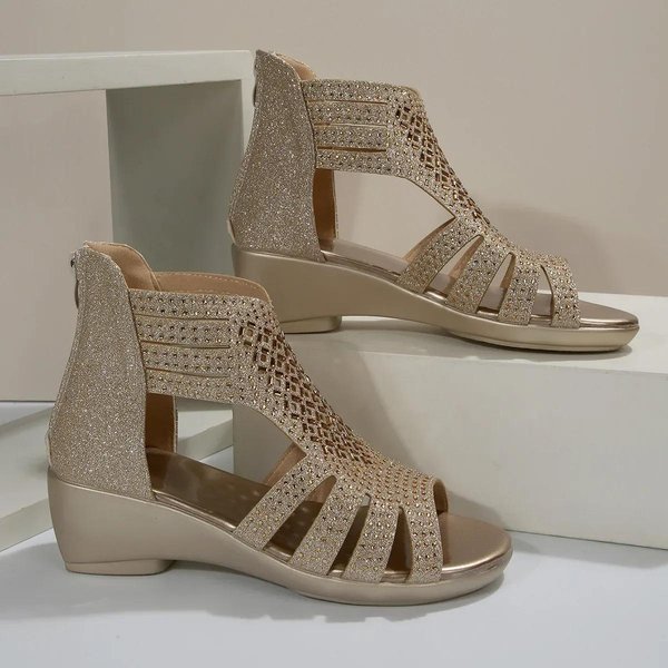 Sandalias De CuñA Con PedreríA De Moda Para Mujer Verano Nuevo Elegantes Zapatos Romanos Para SeñOras Sandalias Caladas Femeninas Negras Casual Sandalias 41 Oro-image