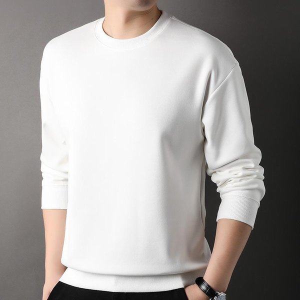 Sweter MęSki Casualowy OkrąGłY Dekolt Jednolity Kolor Wiosna I Jesień Nowy Modny BawełNiany Top MłOdzieżOwy I śRedni Wiek DłUgi RęKaw Koszulka XXL White-image
