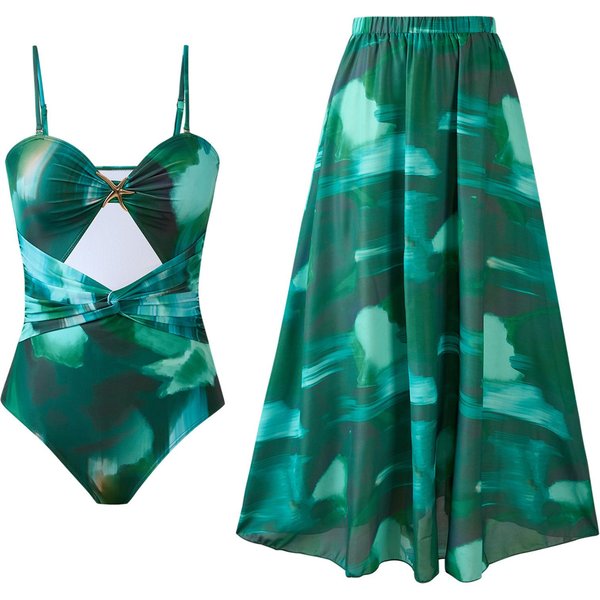 Traje De BañO De Una Pieza Para Mujer Nuevo Estampado Sexy Traje De BañO De Dos Piezas Falda Redonda De Gasa XL Blue-image