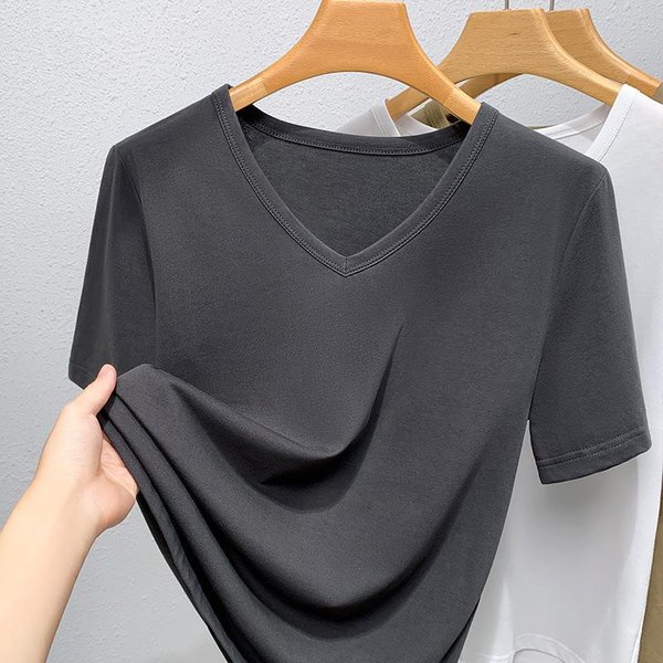 Camiseta De Manga Corta Para Mujer, Nueva Camiseta De Verano De AlgodóN Con Cuello En V Y Color Liso Para Mujer, Top Holgado De Talla Grande Para Cubrir El Vientre. 3XL Gris-image