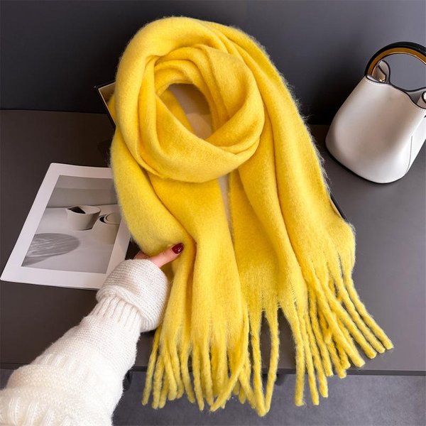 Bufanda De Mujer Invierno CáLida Gruesa Chal Envolventes Moda Color SóLido Bufandas Pashmina Larga Borla Hijab Estolas Bufanda Cachemira 190X38Cm Yellow-image