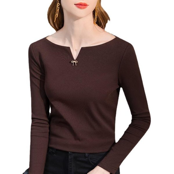 Camiseta Base Negra Para Mujer En Primavera Y OtoñO Nuevo Estilo De Ropa Para Mujer Camiseta De AlgodóN De Un Hombro Top Interior De Color SóLido Para La Cintura 3XL Black-image