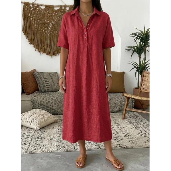 Vestido Camisa De AlgodóN Y Lino Para Mujer Primavera Verano Casual Holgado Manga Corta Cuello Solapa Color SóLido CóModo Vestido Midi Para Uso Diario Xxxl Rojo-image