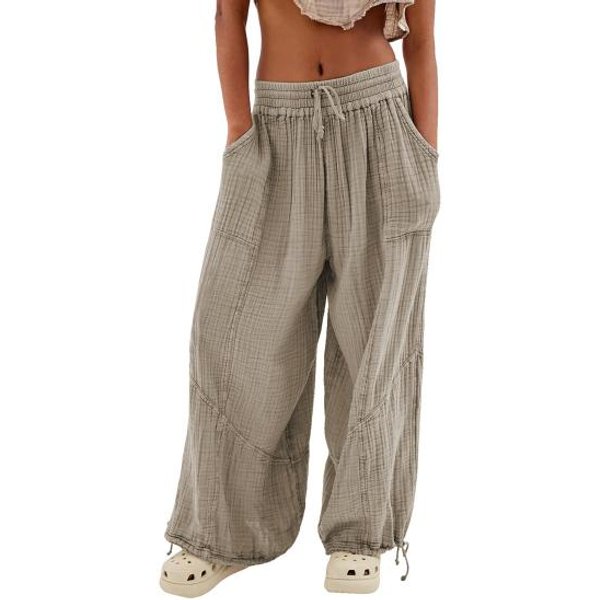 Spodnie Damskie Wysoka Elastyczna Talia Sznurek Szerokie Nogawki LuźNe GłęBokie Plisowane Kieszenie Z Paskiem Na Kostkach Jednokolorowe MięKkie Damskie Spodnie Typu Casual 3XL Gray-image