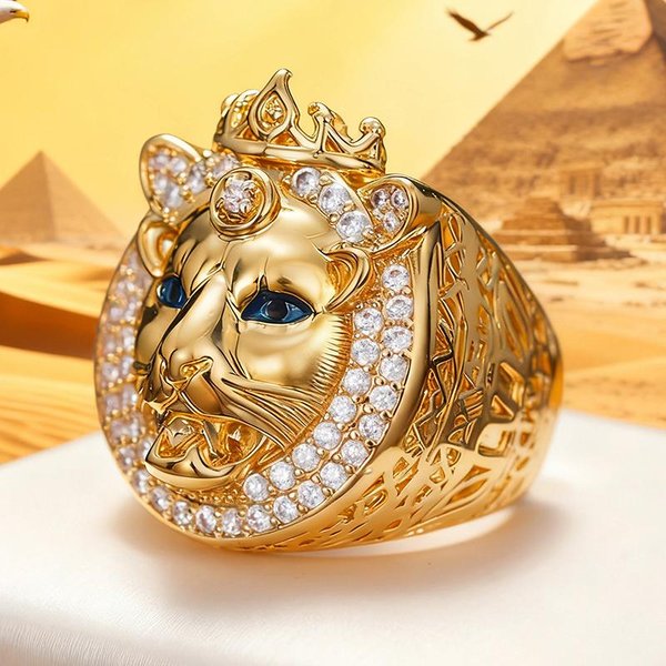 Anillo Huitan Hip Hop Color Dorado Corona Rey LeóN Para Hombres/Mujeres Ojos Azules Cabeza LeóN Anillos De Dedo Animales JoyeríA Punk De Lujo Unisex 9 Brown-image