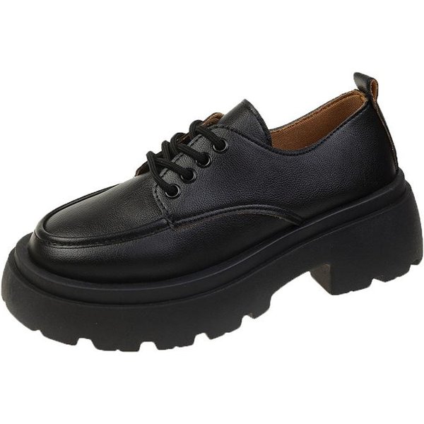 Nuevos Zapatos De Cuero PequeñOs Con Cordones Y Suela Gruesa De Estilo BritáNico Para Mujer, Mocasines De TacóN Grueso Jk, Zapatos Individuales Para Mujer Con Forma De Muffin 40 Negro-image