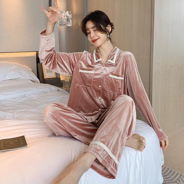 Pijama De Terciopelo, Conjunto De Pijama De Mujer Para OtoñO E Invierno, PantalóN De Manga Larga, Conjunto De Dos Piezas, CáRdigan De Solapa, Ropa Holgada Para El Hogar, Ropa De Casa. XL Brown-image