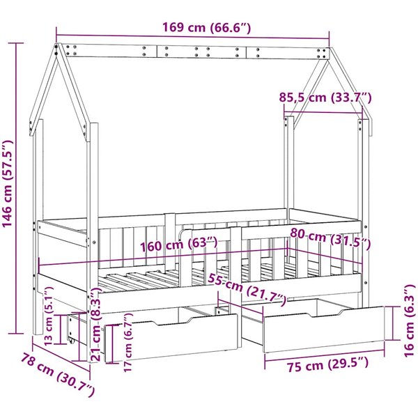 Cama Infantil Con Cajones 80 X 170 Cm Madera De Pino Macizo-image