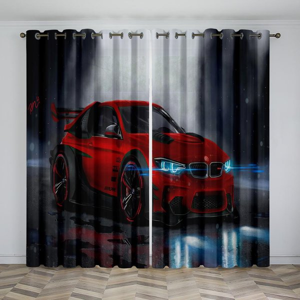 Cortinas Modernas Para Ventana Con Estampado De PelíCula De Coche Deportivo Negro Genial Para Sala De Estar, Dormitorio, Cocina 2 Piezas DecoracióN 140W160H(Cm)55X63In&Rod Pocket-image