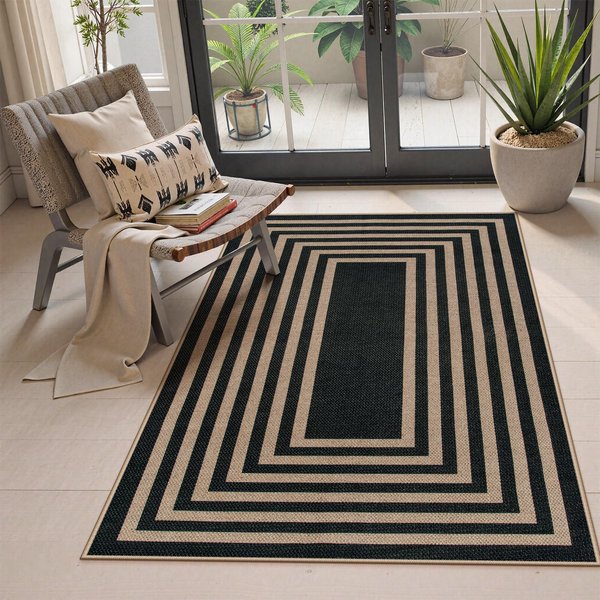 Geometryczny Pasiasty Dywanik Biegacz BeżOwo-Czarny WzóR Dywan Mata PodłOgowa AntypośLizgowa Do Salonu Sypialni Przedpokoju Domu 50X80Cm-image