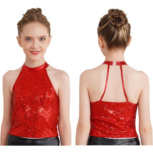 Top Corto Con Cuello Halter Y Lentejuelas Brillantes Para NiñAs, Tops Sin Mangas Con Espalda Descubierta Para Porristas, Danza Jazz Y Gimnasia 5-6 Years Beige-image