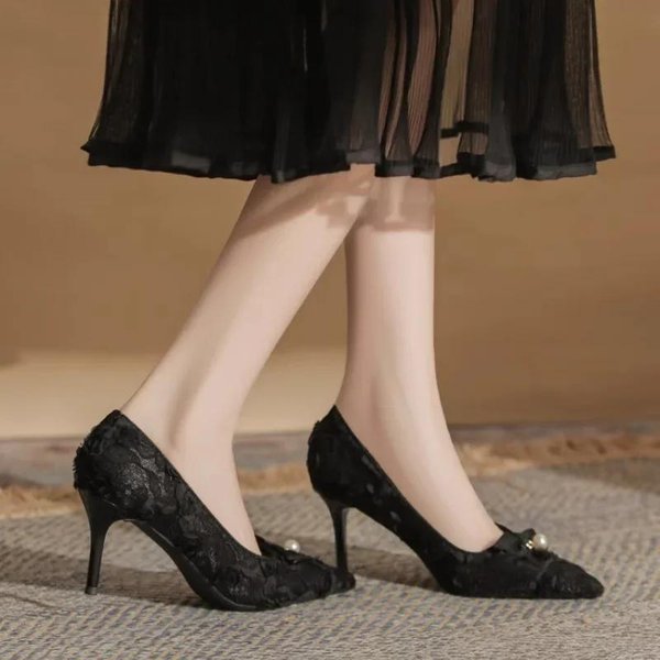 Flores Lazo Mujeres Encaje Malla Puntera Puntiaguda Tacones Altos Elegantes Damas DiseñAdor Stiletto Zapatos De Vestir De Verano 39 Negro-image