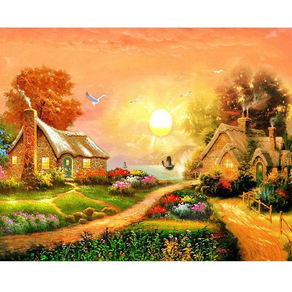 PedreríA Amanecer Casa Paisaje Diamante ArtesaníA Pintura 5D DIY Bordado De Diamantes Diamante 20X30CM-image