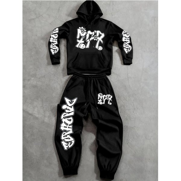 Conjunto De Pantalones Con Sudadera Estampado De Letras Graffiti Con CordóN Y Bolsillo Sudadera Con CordóN Para Exteriores Casual Deportivo Conjunto De 2 Piezas XXL Negro-image