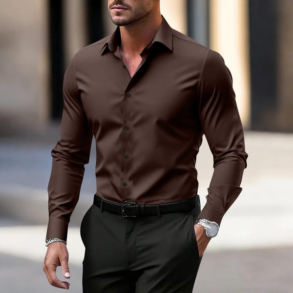 Camisa De Vestir De Manga Larga Para Hombre Corte CláSico Botones Camisa Formal De Negocios Con Cuello Para Trabajo De Oficina XXL Café-image