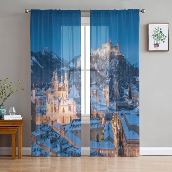 Ciudad De Salzburgo Con Festung Hohensalzburg En Invierno Salzburger Land Austria Cortinas Transparentes De Tul HabitacióN Voile Organza Cortina 135W X 114H(Cm) Blue-image