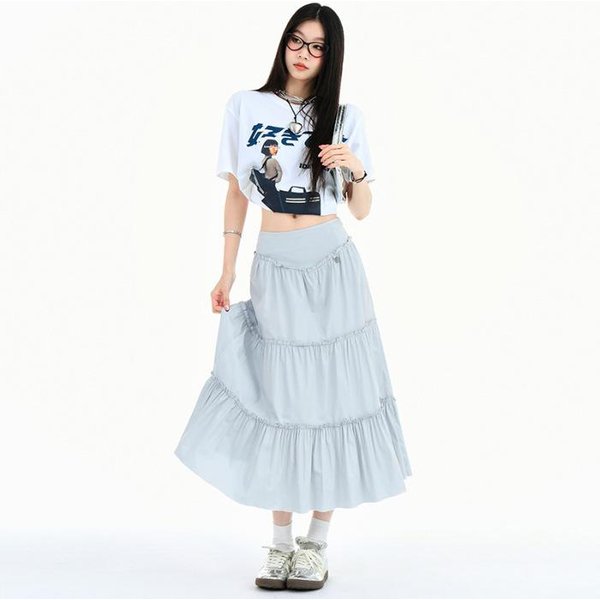 Falda Plisada Blanca Para Mujer Verano Cintura Alta Suelta Estrecha Falda De Capas Para Mujer Primavera Y Verano Falda Midi LíNea A Para Mujer Verano L Azul-image