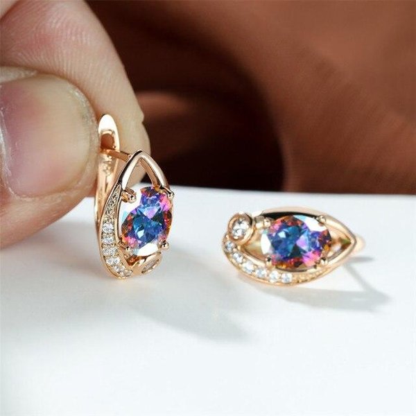 Pendientes De Piedra Ovalada De Cristal ArcoíRis MíStico Con Encanto De Color Oro Rosa Para Boda, Lindos Pendientes De Aro De Circonita Multicolor Para Mujer-image