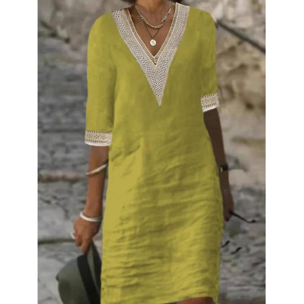 Vestidos Casuales De Moda De Verano Primavera Para Mujer Qiced Estampado De Color SóLido Manga 2/1 Cuello En V S Beige-image