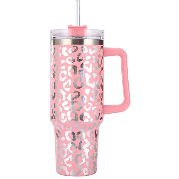 Termo De Acero Inoxidable Con Estampado De Leopardo Y Asa Para Coche, Taza De Gran Capacidad Para Hielo 40Oz-image