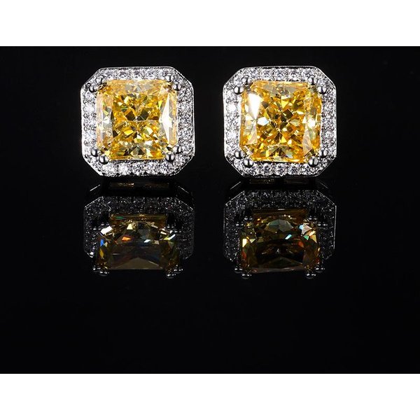 Pendientes Cuadrados De Diamante Rosa Corte Flor De Hielo Modernos Y VersáTiles Piedra Principal Diamante Amarillo CorindóN Rojo Diamante De Alto Carbono-image