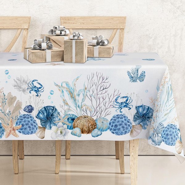 Mantel Azul OcéAno Para DecoracióN De Mesa Verano Bajo El Mar Tropical Coral Concha Marina Tela Para Mesa De Cocina Comedor Decoraciones De Fiesta 140X200Cm-image