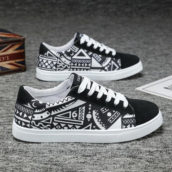 MęSkie Sportowe Buty Do Biegania PłóCienne Geometryczny Styl Sznurowane Trampki Modne Trampki Z Nadrukiem Graffiti Dla Par Buty Skate MęSkie 42 BiałY-image