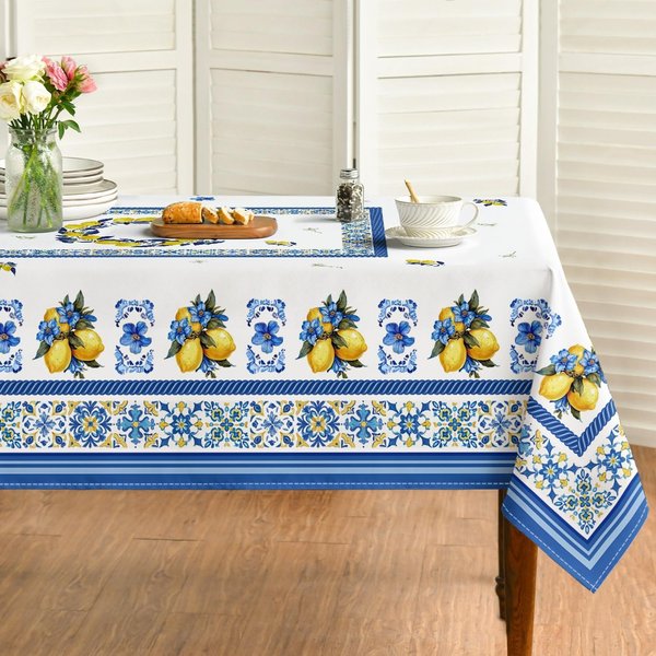 Mantel Rectangular Frutas Limones De Verano Azulejos Azules Para DecoracióN De Mesa Lavable Estilo Granja Cocina Mesa De Comedor DecoracióN De Fiesta 140X300Cm-image