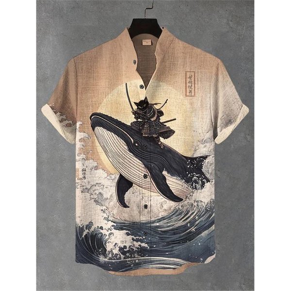 Camisa De Manga Corta Para Hombre Con Un Divertido Estampado De Gato, Cuello Mao, De Un Solo Pecho, Estilo Casual. Camisa Hawaiana, Top úNico Para Hombre. 5XL-image