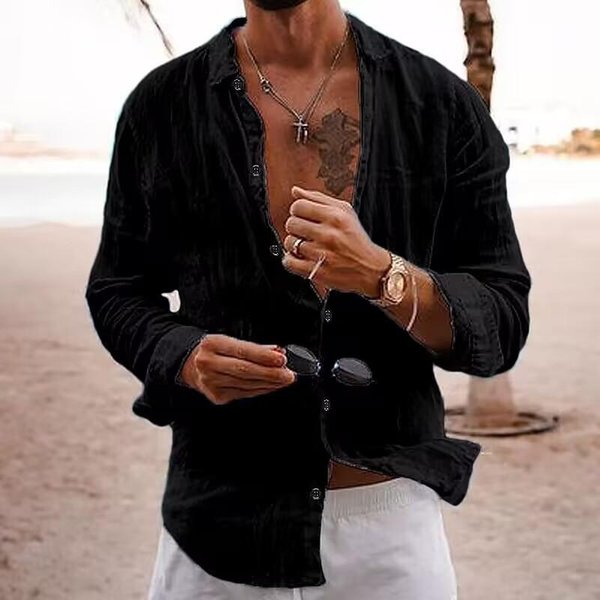 AlgodóN Nuevo Camisa De Manga Larga Nueva Para Hombre Color SóLido Solapa Estilo Casual Xxxl Negro-image