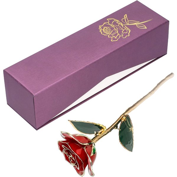 Rosa BañAda En Oro De 24K Regalo Creativo Para Novias Esposa DíA De San ValentíN DecoracióN De Boda Con Base Rojo-image