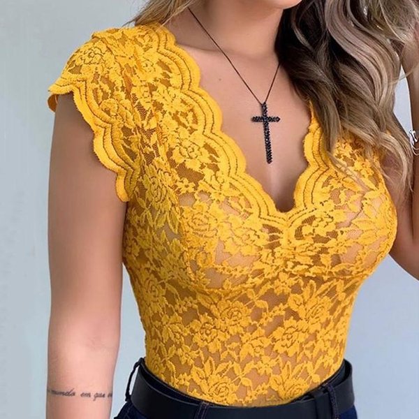 Koronkowe Bez RęKawóW W Kwiaty Bez RęKawóW Damskie Moda Jednolity Kolor Seksowne GłęBokie Dekolt W Serek S Orange-image
