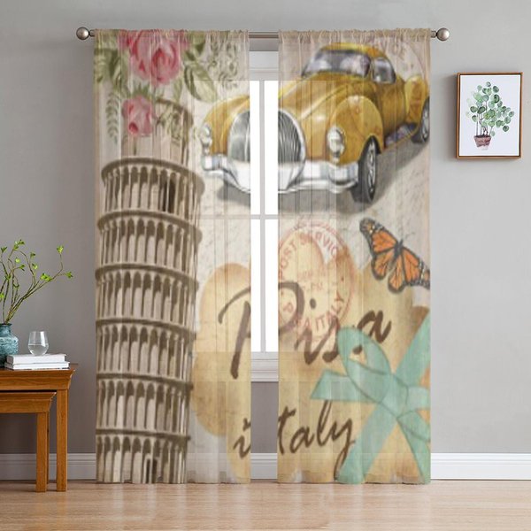 Pisa PóSter Vintage Tul Cortinas TraslúCidas Para Ventana Para Sala De Estar El Dormitorio Cortinas Modernas De Gasa Voile Organza DecoracióN Cortinas 135W X 114H(Cm) Brown-image