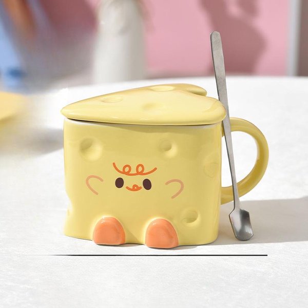 Kubek Z Serem Kubek Dla Dziewczynek Wysokiej JakośCi Kubek Z Pokrywką I łYżEczką Ceramiczny Uroczy Prezent Urodzinowy Kreatywny Kubek Na Wodę 400Ml-image
