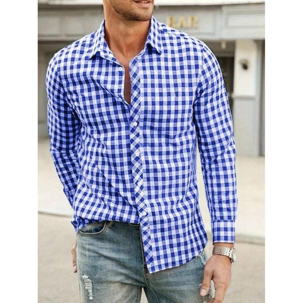 Camisa Informal Transpirable De Manga Larga A Cuadros Para Hombre Con Cuello Solapa E ImpresióN 3D L Azul Marino-image